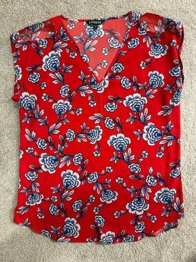 Express Red Floral V-Neck Blouse with Keyhole Sleeves